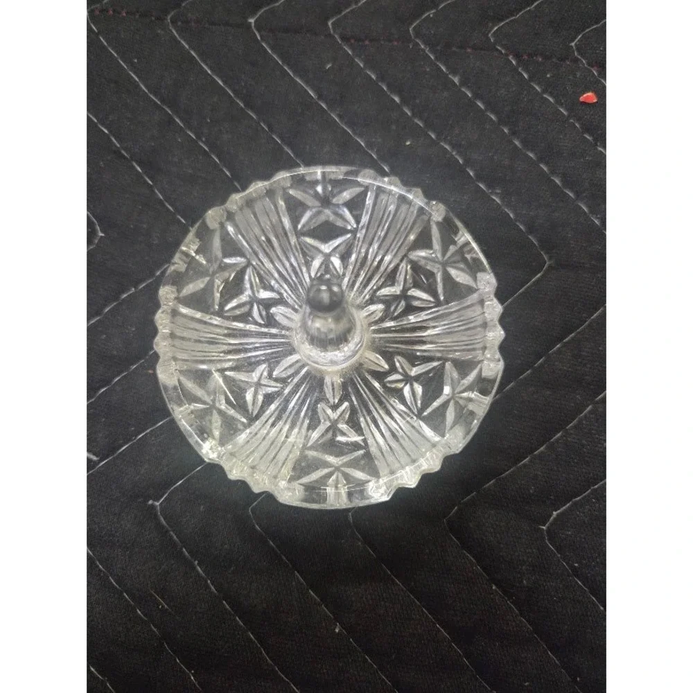 Vintage Clear Cut Glass Ring Holder Dish Starburst Pattern Round Jewelry Tray